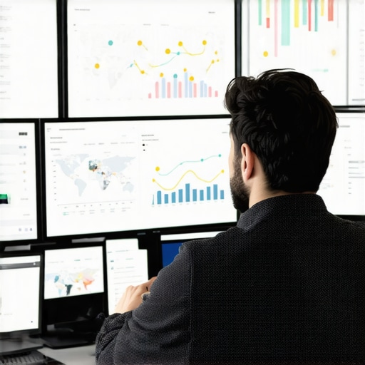 Advanced Local SEO Data Analytics Digital marketer analyzing local SEO metrics on screens with graphs and maps.