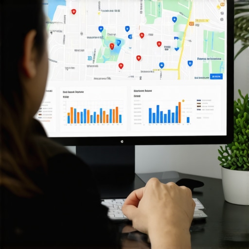 Person reviewing local SEO analytics on a computer screen with maps and graphs