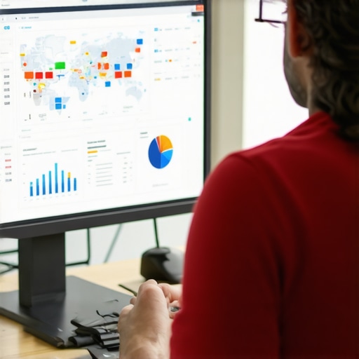 Analyzing Local SEO Performance Business owner reviewing SEO analytics on a laptop with charts and maps