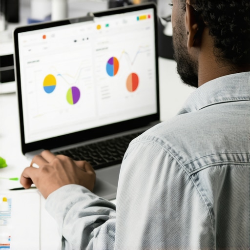 A person analyzing SEO performance metrics on a laptop with graphs and notes