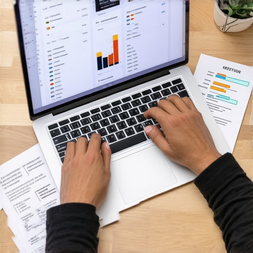 Data-driven SEO analysis for local visibility A person reviewing SEO analytics on a laptop, surrounded by notes, representing strategic SEO investment analysis