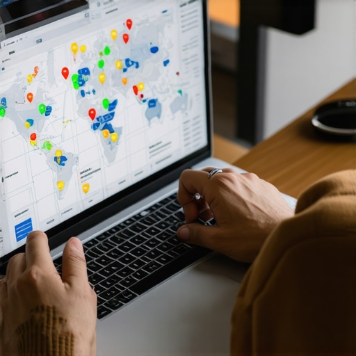 Person analyzing local SEO data on a laptop with maps and charts