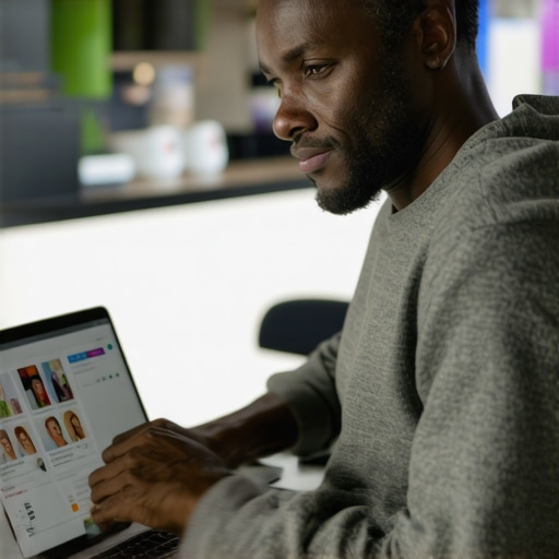 Small business owner working on local SEO optimization with community engagement visuals