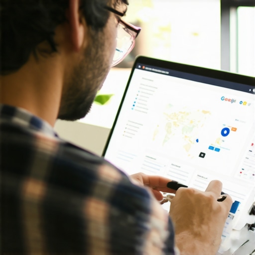 Business owner reviewing local SEO analytics on a laptop, focusing on maps and search rankings.