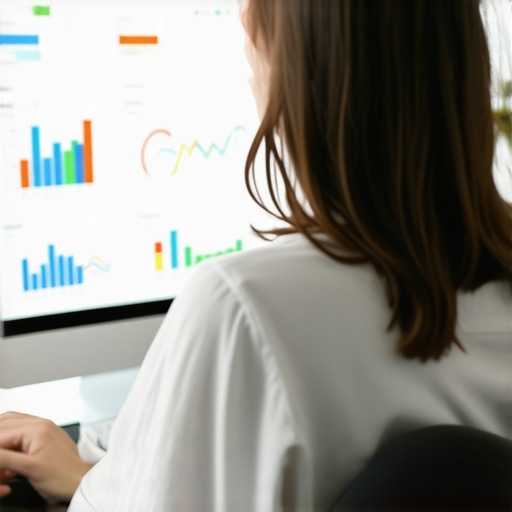 Person analyzing local SEO performance metrics on a monitor showing graphs and charts.
