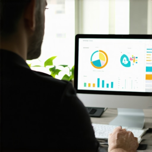 Business owner analyzing local SEO metrics on a laptop with charts and graphs.