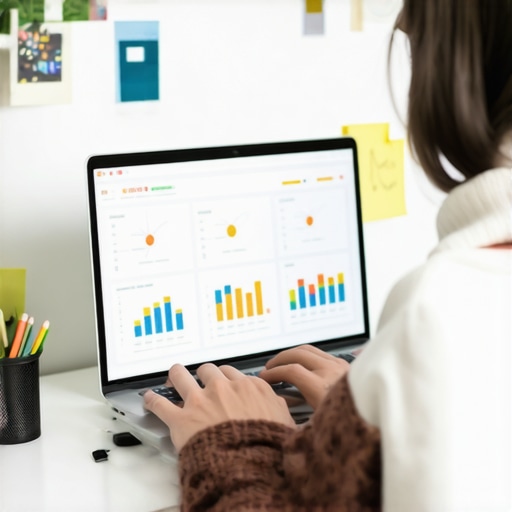 A professional working on local SEO strategies with digital tools in a bright office.