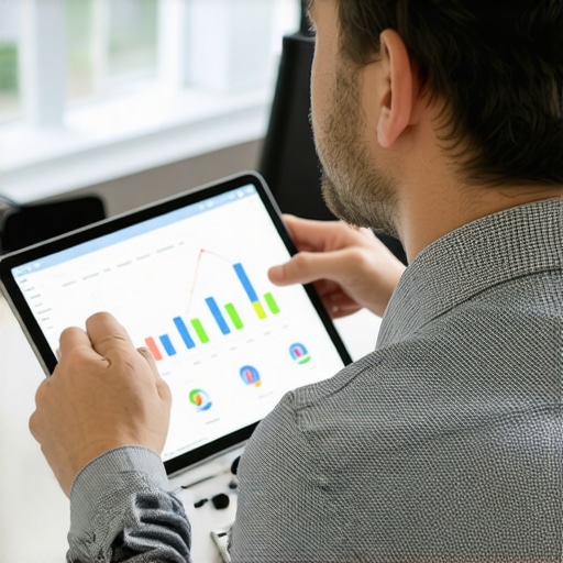 Analyzing Local SEO Packages and Budget Tools Businessman reviewing data and SEO tools on a tablet for local SEO strategy.