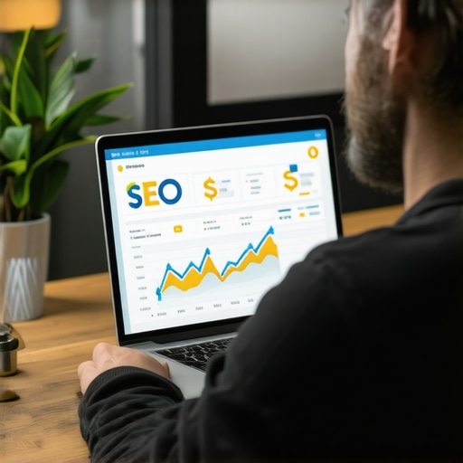 Business owner reviewing SEO budget and tools on laptop