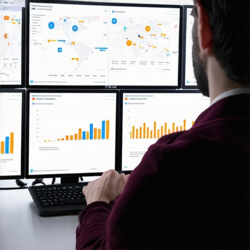 Person working on local SEO data analysis on computer screens with maps and graphs.
