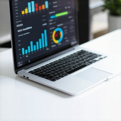 SEO Analytics Dashboard Workspace A person working on SEO analytics on a laptop with performance graphs.