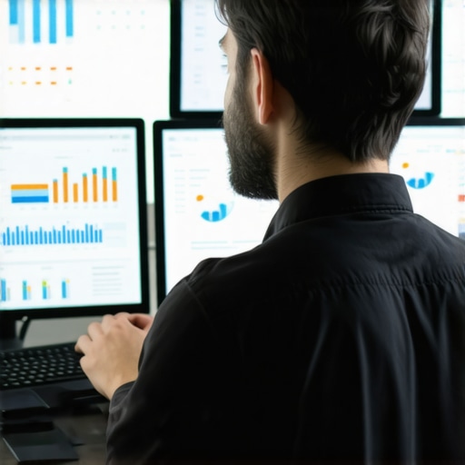 A person reviewing SEO data on several monitors, demonstrating the use of analytics tools for SEO maintenance.