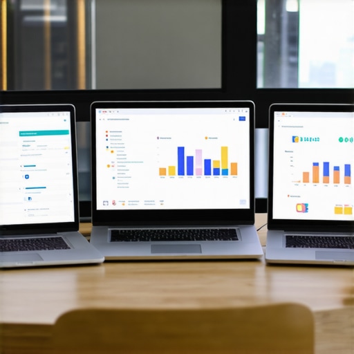 A workspace showing SEO analytics charts, laptops with dashboards, and digital marketing tools.