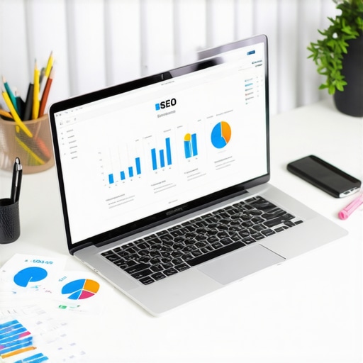 Laptop with SEO analytics and budget charts on a desk.