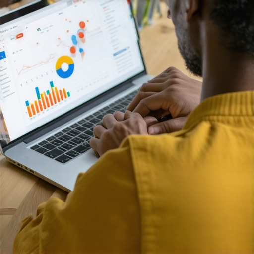 Business owner reviewing local SEO analytics and budget tools on laptop