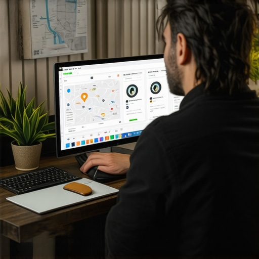 Business owner reviewing SEO analytics on a computer with maps and data charts displayed.