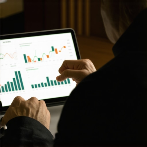 Businessman reviewing SEO pricing analysis with graphs and data overlays.