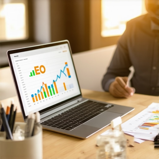 Business owner reviewing local SEO budget charts on laptop.