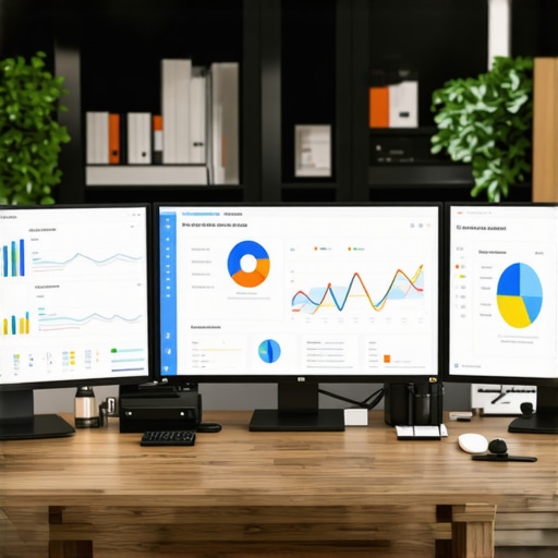 Optimal SEO Maintenance Desk Setup Desk with monitors displaying SEO analytics and citation management tools