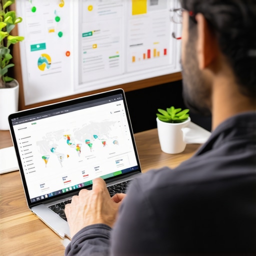 Business owner analyzing local SEO performance metrics on a laptop with maps and graphs.