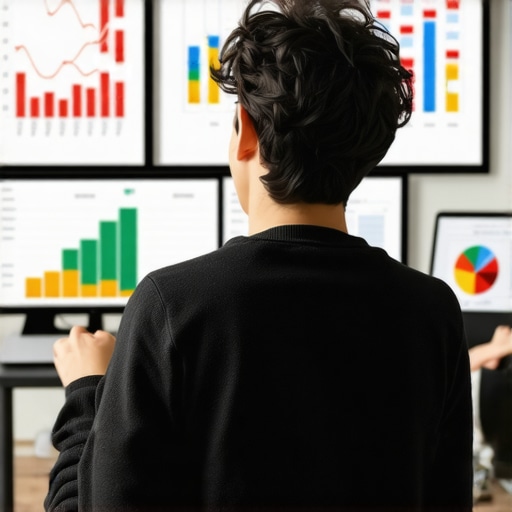 A professional monitoring SEO metrics on multiple screens, focusing on local SEO data and tools.