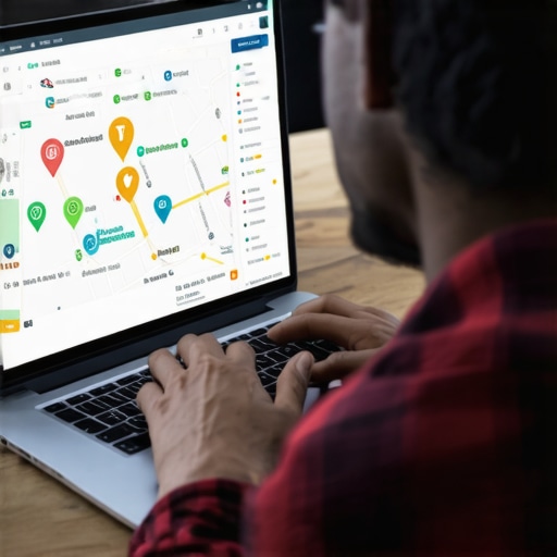 Small business owner analyzing local maps and SEO data on laptop for budget-friendly SEO strategy.