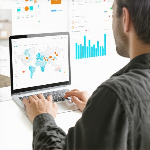 Business owner reviewing SEO analytics on laptop with maps and charts.