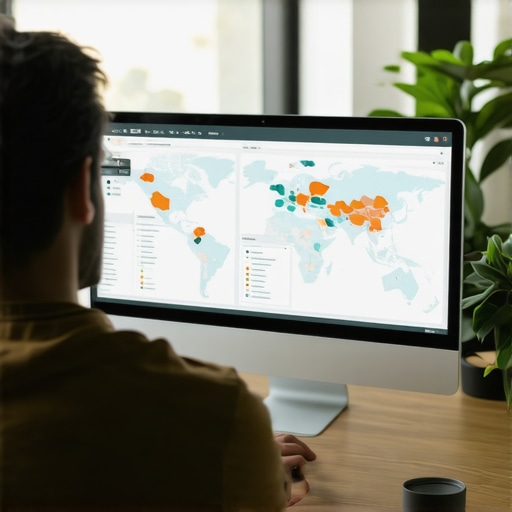 A person reviewing SEO analytics dashboards with maps and graphs for local optimization.