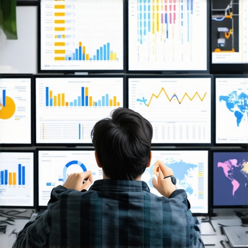 A person reviewing SEO analytics on multiple monitors, representing maintenance in local SEO campaigns.