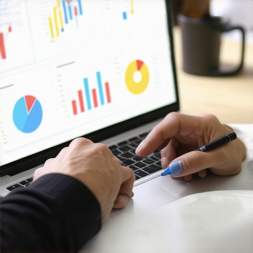 Person reviewing local SEO performance charts and graphs on a laptop in a modern office.
