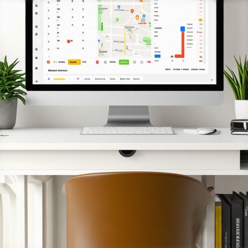 Workspace with digital analytics tools displaying local SEO data and maps.