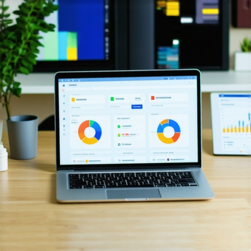 A desk setup showing SEO analytics dashboards and tools for local search optimization.