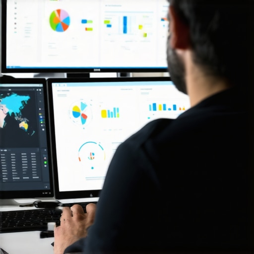 Person analyzing SEO data on computer screens with maps and graphs