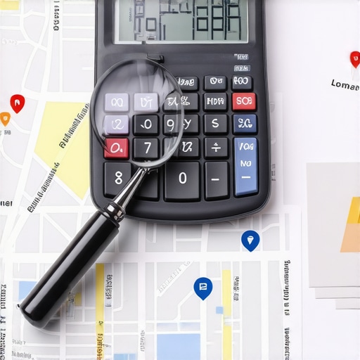 Illustration of magnifying glass over calculator and maps representing SEO costs analysis.