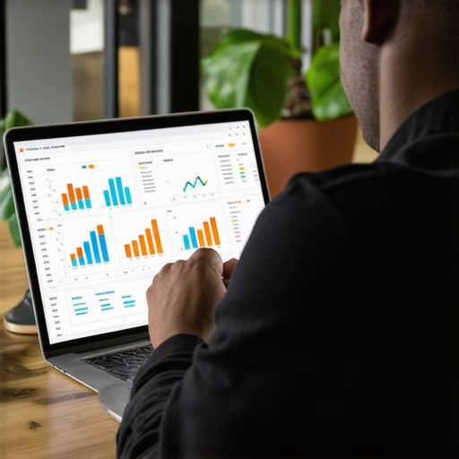 Business owner reviewing local SEO budget spreadsheets on laptop.